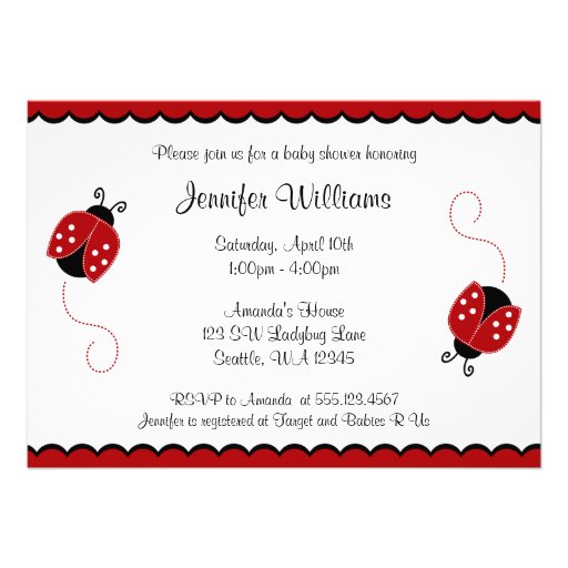 Cute Red and Black Ladybugs Baby Shower Personalized Invitation (front side)