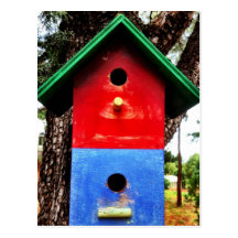 Cute Red and Blue Birdhouse Postcard