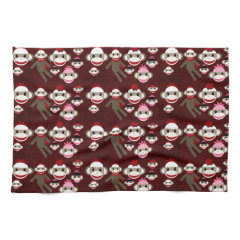 Cute Red and Pink Sock Monkeys Collage Pattern Kitchen Towels
