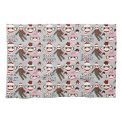 Cute Red and Pink Sock Monkeys Collage Pattern Hand Towel