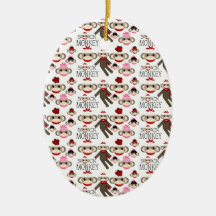 Cute Red and Pink Sock Monkeys Collage Pattern Ornaments