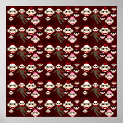 Cute Red and Pink Sock Monkeys Collage Pattern Poster