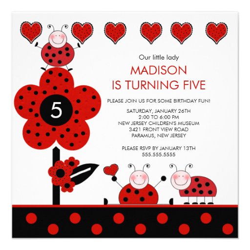 Cute Red & Black Ladybug Birthday Invitation