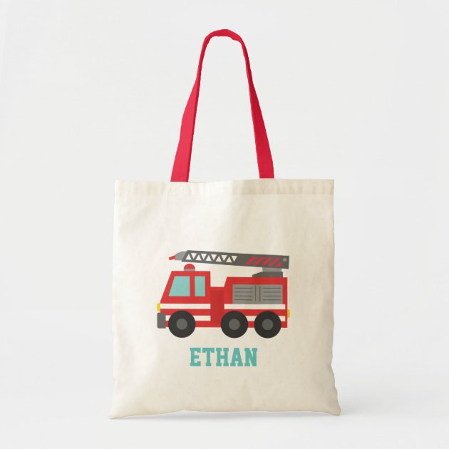 Cute Red Fire Truck for Boys, Name Budget Tote Bag-0