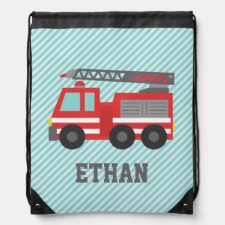 Cute Red Fire Truck for Boys, Name Drawstring Bags