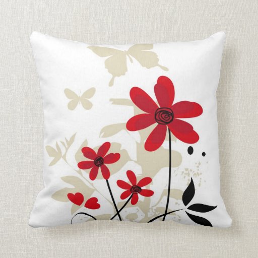Cute red flowes and butterflies throw pillow Zazzle