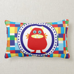 Cute Red Monster on Colorful Patchwork Blocks Throw Pillows