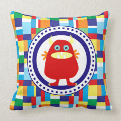 Cute Red Monster on Colorful Patchwork Blocks Pillows