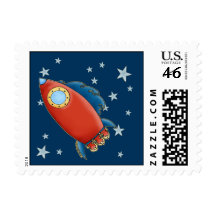 Cute Red Rocket & Stars Postage Stamps