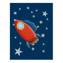 Cute Red Rocket & Stars Postcards