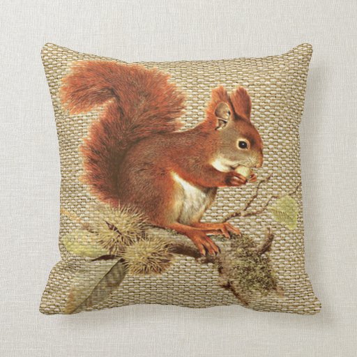 Cute Red Squirrel On Burlap Texture Pattern Throw Pillow Zazzle