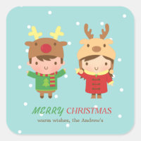Cute Reindeer Kids Merry Christmas Party Favors Square Sticker