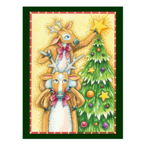 Cute Reindeer Putting a Star on a Christmas Tree Postcards