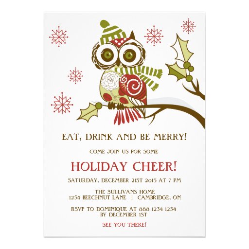 Cute Retro Christmas Owl Holiday Party Invitation