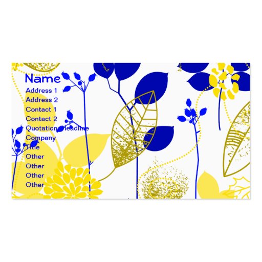Cute Retro Floral, Yellow & Blue Business Card Template (front side)
