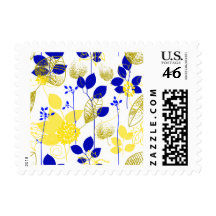 Cute Retro Floral, Yellow & Blue Stamp