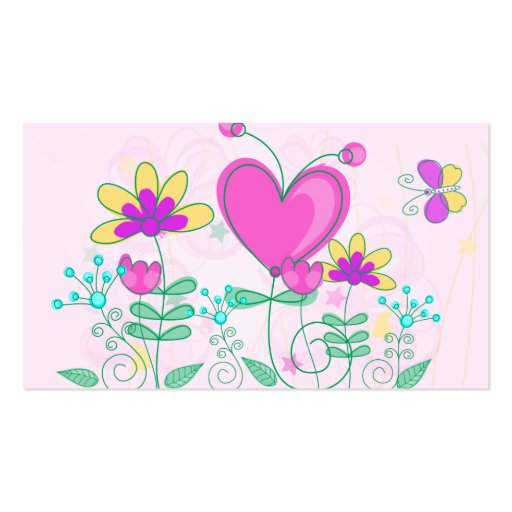 Cute Retro Hearts Flowers Butterflies Business Card Template (back side)