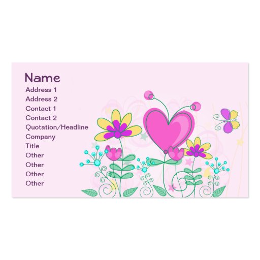 Cute Retro Hearts Flowers Butterflies Business Card Template (front side)