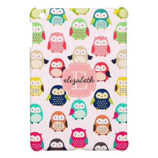 Cute Retro Litte Owls Monogrammed Case For The iPad Mini