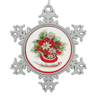Cute Retro Red Sleigh with Red & White Poinsettias Ornaments