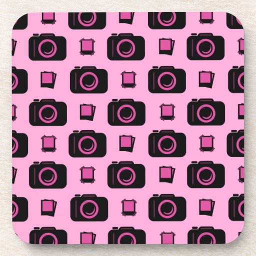 Cute Retro Style Pink Black Camera Pattern Beverage Coasters