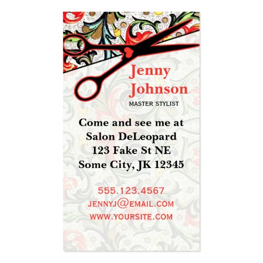 cute retro vintage floral scissors hair stylist business card template (back side)