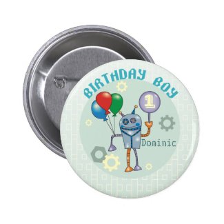 Cute Robot with Balloons First Birthday Buttons