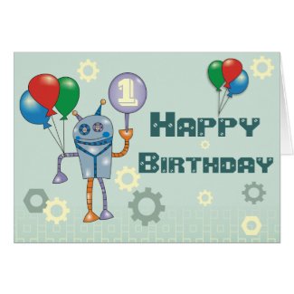 Cute Robot with Balloons First Birthday Cards