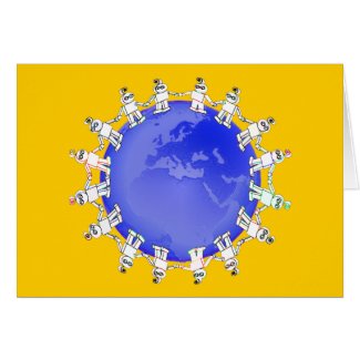 Cute Robots Holding Hands Around Earth zazzle_card