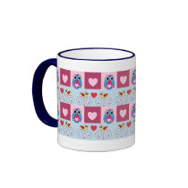 Cute romantic mug with love birds, hearts & owls