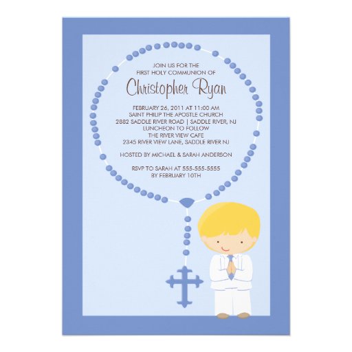Cute Rosary First Communion Invitation Boy Blue