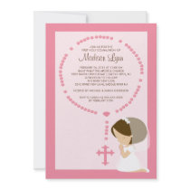 Cute Rosary First Communion Invitation Girl Pink