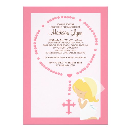 Cute Rosary First Communion Invitation Girl Pink