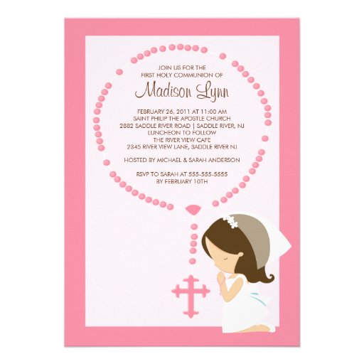 Cute Rosary First Communion Invitation Girl Pink (front side)