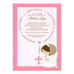 Cute Rosary First Communion Invitation Girl Pink