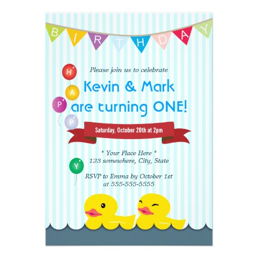 Cute Rubber Duck Twins Birthday Invitations (front side)