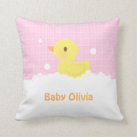 Cute Rubber Ducky in Bath Nursery Decor Throw Pillow