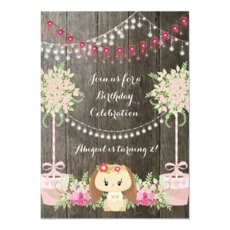 Cute Rustic Girl Bunny and Pink Flowers Birthday 5x7 Paper Invitation Card