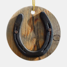 Cute Rustic Western Good Luck Horseshoe Wood Look Ornaments