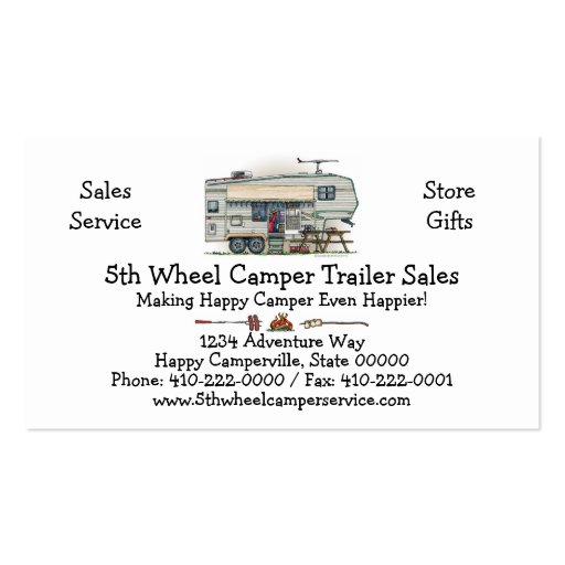 Cute RV Vintage Fifth Wheel Camper Travel Trailer Business Card Templates (front side)