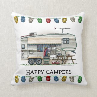 Cute RV Vintage Fifth Wheel Camper Travel Trailer Pillow