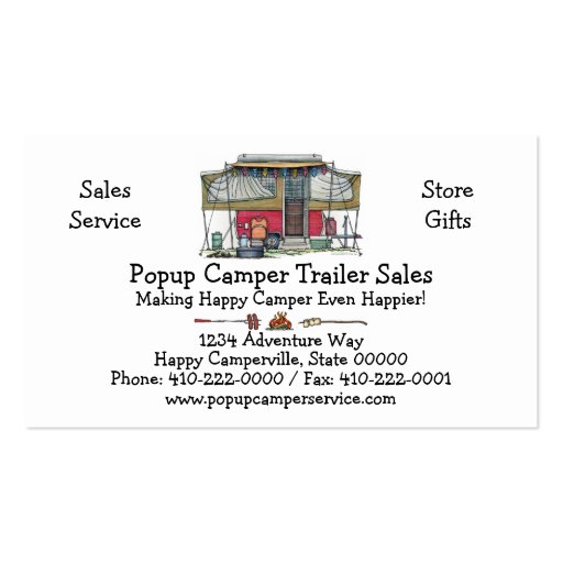 Cute RV Vintage Popup Camper Travel Trailer Business Card Templates (front side)