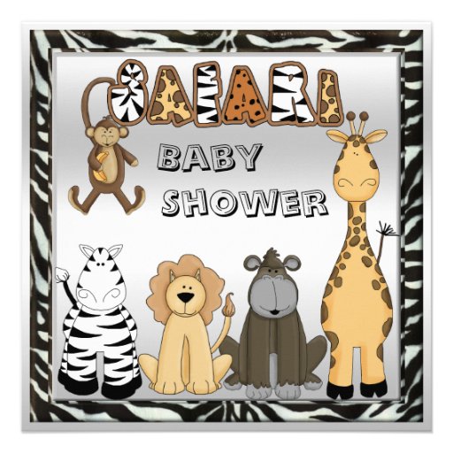 Cute Safari Animals Neutral Silver Baby Shower Invite