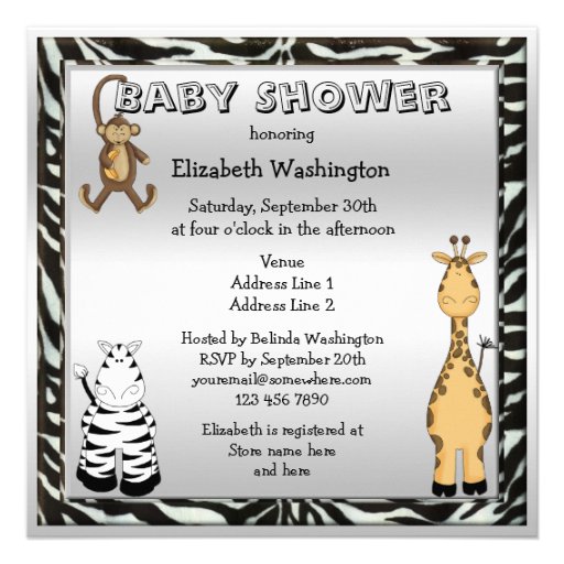 Cute Safari Animals Neutral Silver Baby Shower Invite
