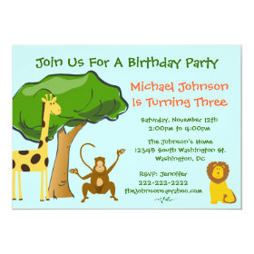 Cute Safari Jungle Zoo Animals Kids Birthday Party 5x7 Paper Invitation Card