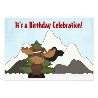 Cute Santa Moose and Mountains Birthday Invitation