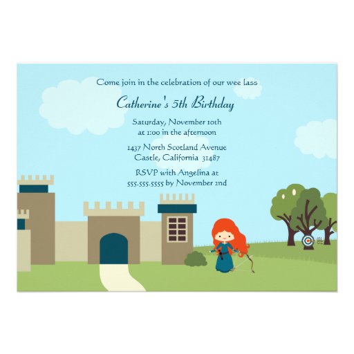 Cute scottish princess girls birthday party invite (front side)