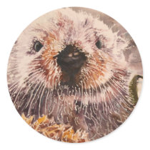 Cute Sea Otter In Kelp Watercolor Seascape Sticker by michelleys Cute Sea Otter In Kelp Watercolor Seascape Sticker