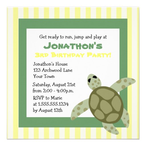 Cute Sea Turtle Birthday Party Invite Green Yellow
