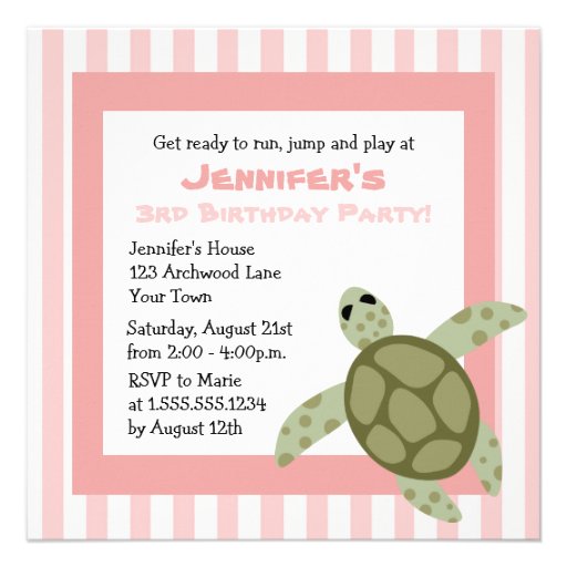 Cute Sea Turtle Birthday Party Invite Pink